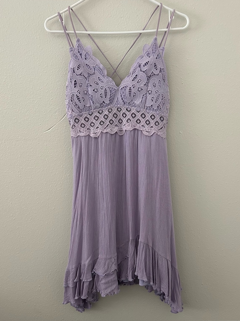 Light Purple Lavender Crochet Lace Mini Dress Size L Boho Layered Babydoll Slip